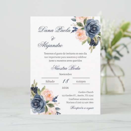 Blue Floral bruiloft uitnodiging in het Spaans (Staand voorkant)