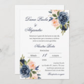 Blue Floral bruiloft uitnodiging in het Spaans (Voorkant / Achterkant)