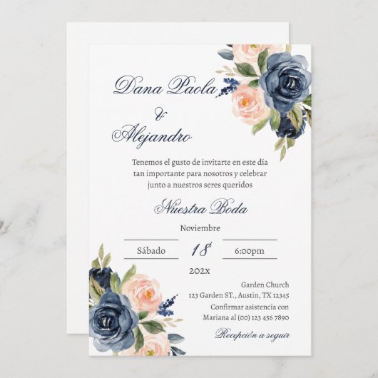 Blue Floral bruiloft uitnodiging in het Spaans (Voorkant / Achterkant)