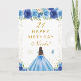 Blue Floral Brunette Hair Girl Birthday Kaart