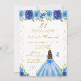 Blue Floral Brunette Hair Princess Birthday Party Kaart