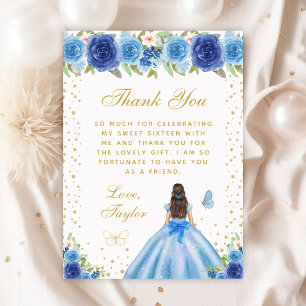 Blue Floral Brunette Hair Princess Sweet Sixteen Bedankkaart