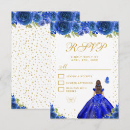 Blue Floral Brunette Hair Princess Sweet Sixteen RSVP Kaartje
