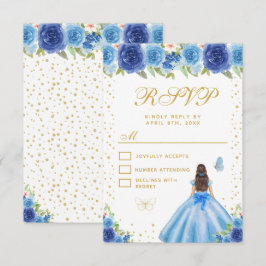 Blue Floral Brunette Hair Princess Sweet Sixteen RSVP Kaartje