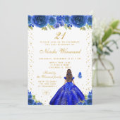 Blue Floral Brunette Princess Birthday Party Kaart (Staand voorkant)