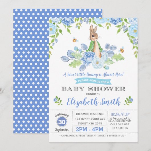 Blue Floral Bunny Baby shower Woodland Boy Rabbit Kaart (Voorkant / Achterkant)