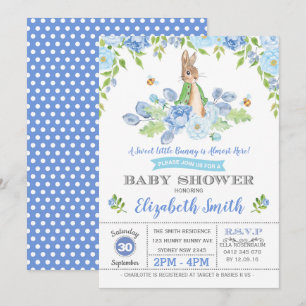 Blue Floral Bunny Baby shower Woodland Boy Rabbit Kaart