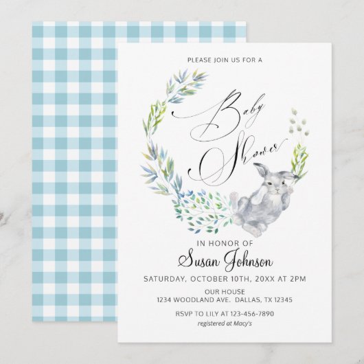 Blue Floral Bunny Calligraphy Spring Baby shower Kaart (Voorkant / Achterkant)