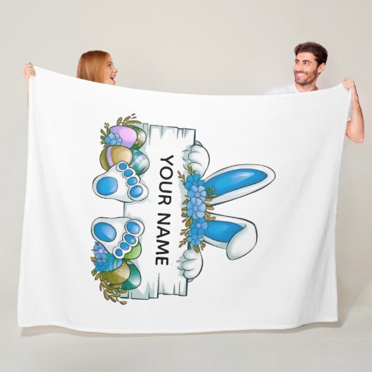 Blue Floral Bunny Ears Easter Name Sign Graphic Fleece Deken (In situ)