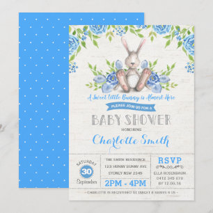 Blue Floral Bunny Rabbit Baby shower Garden Tea Kaart