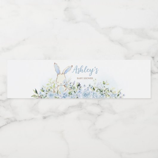 Blue Floral Bunny Rabbit Baby shower Waterfles Etiket (Enkel label)