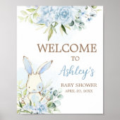 Blue Floral Bunny Rabbit Baby shower Welkom Poster (Voorkant)