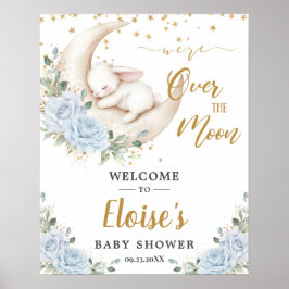 Blue Floral Bunny Rabbit Moon Baby Shower Welcome Poster