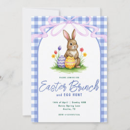 Blue Floral Bunny Watercolor Gingham Ribbon Easter Kaart