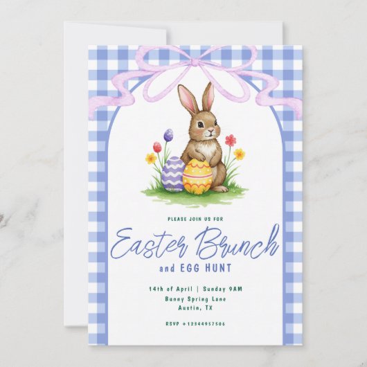 Blue Floral Bunny Watercolor Gingham Ribbon Easter Kaart (Voorkant)