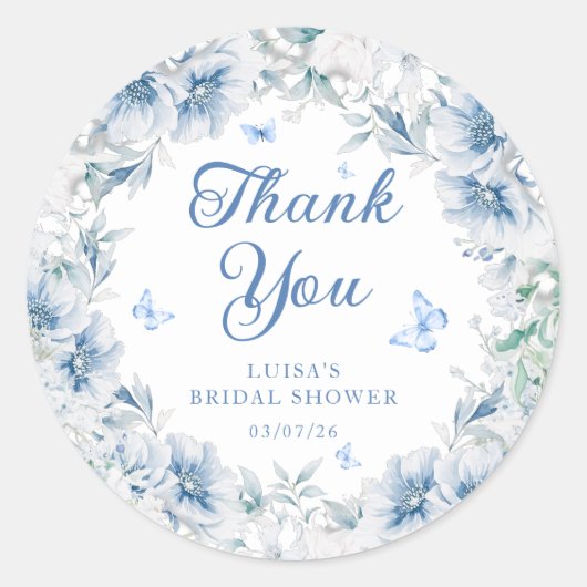 Blue Floral Butterfly Bridal Shower Thank You Ronde Sticker (Voorkant)