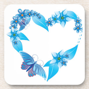 Blue Floral Butterfly Heart Onderzetter