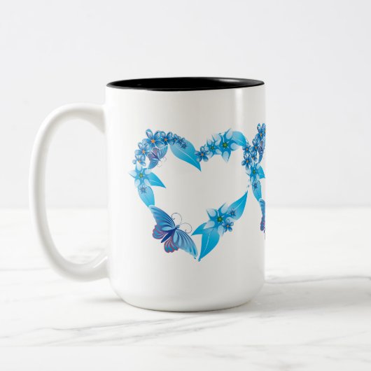 Blue Floral Butterfly Heart Tweekleurige Koffiemok (Links)