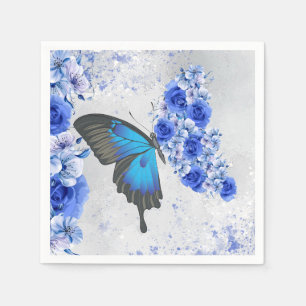 Blue Floral Butterfly Paper Napkins Servet