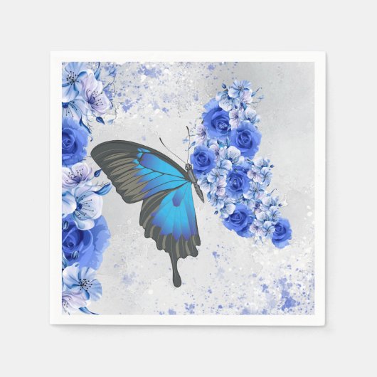 Blue Floral Butterfly Paper Napkins Servet (Voorkant)