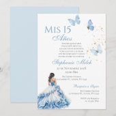 Blue Floral Butterfly Quinceanera uitnodiging (Voorkant / Achterkant)