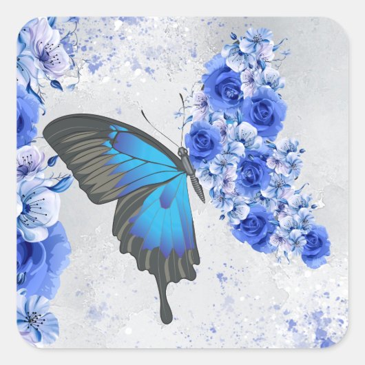 Blue Floral Butterfly Square Sticker (Voorkant)