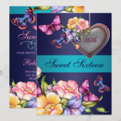Blue Floral Butterfly Sweet16 Verjaardag Uitnodige Kaart (Voorkant / Achterkant)