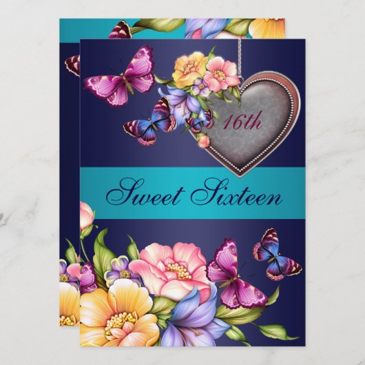 Blue Floral Butterfly Sweet16 Verjaardag Uitnodige Kaart (Voorkant / Achterkant)