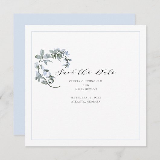 Blue Floral Calligraphy Wedding Save the Date Card (Voorkant / Achterkant)