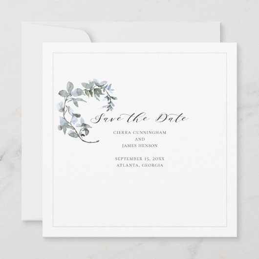 Blue Floral Calligraphy Wedding Save the Date Card (Voorkant)