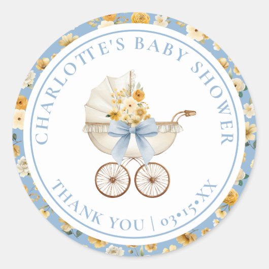 Blue Floral Carriage Baby Shower Thank You Sticker (Voorkant)