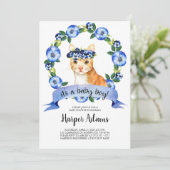 Blue Floral Cat Baby Boy Baby shower Uitnodiging (Staand voorkant)