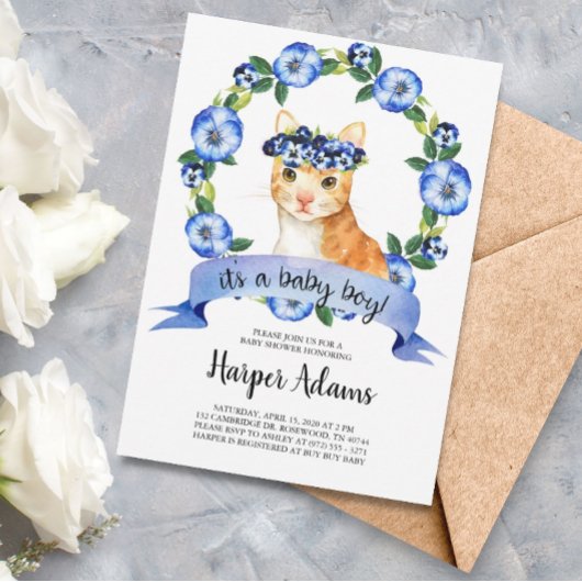 Blue Floral Cat Baby Boy Baby shower Uitnodiging