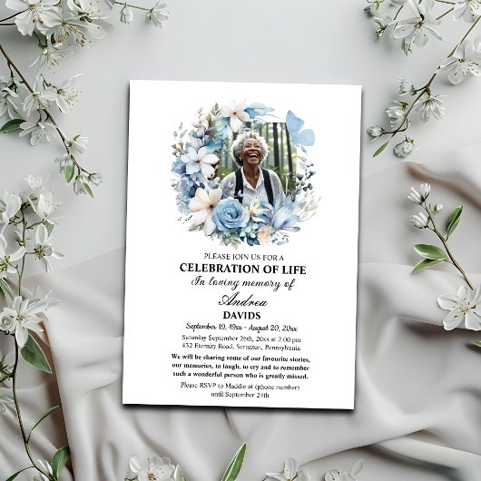 Blue Floral Celebration Of Life 1 Photo Funeral Kaart