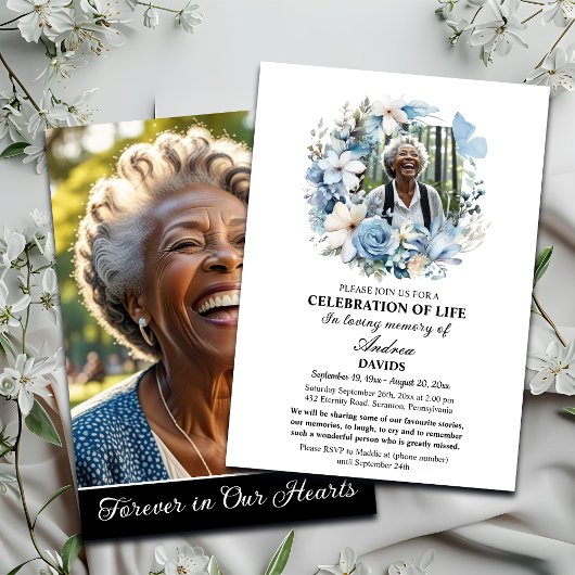 Blue Floral Celebration Of Life 2 Photos Funeral  Kaart