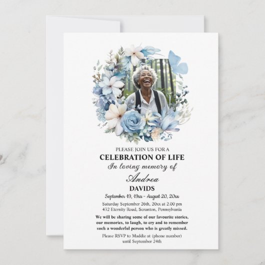 Blue Floral Celebration Of Life 2 Photos Funeral  Kaart (Voorkant)