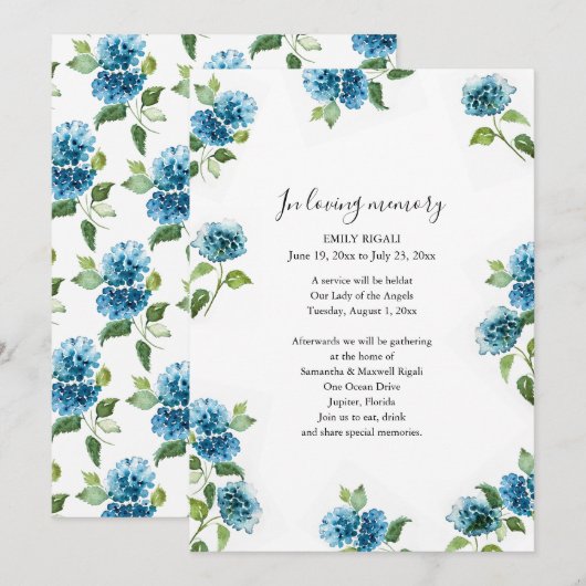 Blue Floral Celebration of Life Invitations Kaart (Voorkant / Achterkant)