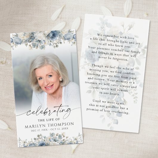 Blue Floral Celebration of Life Photo Prayer Card Visitekaartje