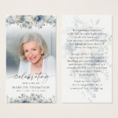 Blue Floral Celebration of Life Photo Prayer Card Visitekaartje (Voorkant /achterkant)