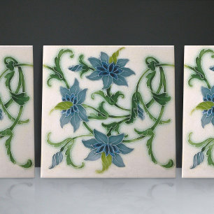 Blue Floral Ceramic Tegel by Lewis F Day Pilkingto Tegeltje