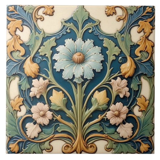 Blue Floral Ceramic Tile Tegeltje (Voorkant)
