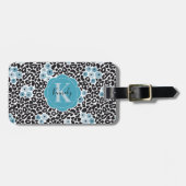 Blue Floral Cheetah Print met aangepaste monogram  Bagagelabel (Voorkant horizontaal)