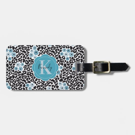 Blue Floral Cheetah Print met aangepaste monogram  Bagagelabel (Voorkant horizontaal)