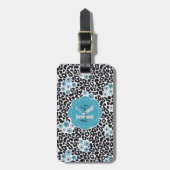 Blue Floral Cheetah Print met aangepaste monogram  Bagagelabel (Voorkant verticaal)