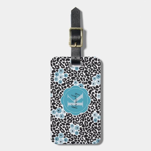 Blue Floral Cheetah Print met aangepaste monogram  Bagagelabel (Voorkant verticaal)