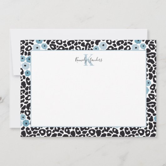 Blue Floral Cheetah Print met aangepaste monogram  Bedankkaart (Voorkant)