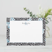 Blue Floral Cheetah Print met aangepaste monogram  Bedankkaart (Staand voorkant)