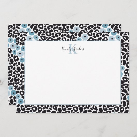 Blue Floral Cheetah Print met aangepaste monogram Bedankkaart (Voorkant / Achterkant)