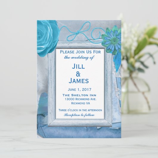 Blue Floral Chic Wedding Uitnodiging (Staand voorkant)