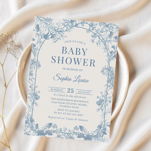 Blue Floral Chinoiserie Baby shower Invitation Kaart